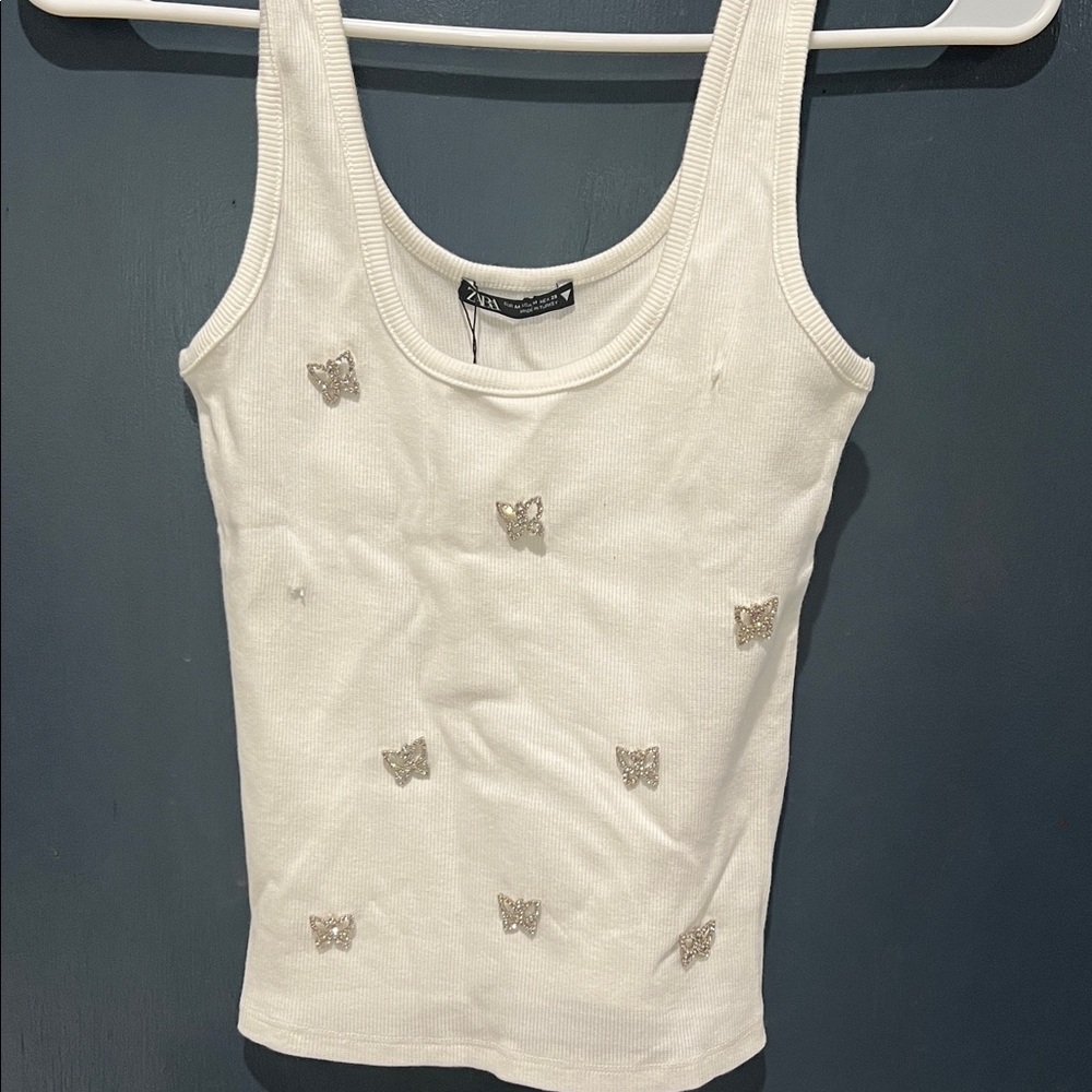 Zara White Tank Top with Silver Butterfly Accents
